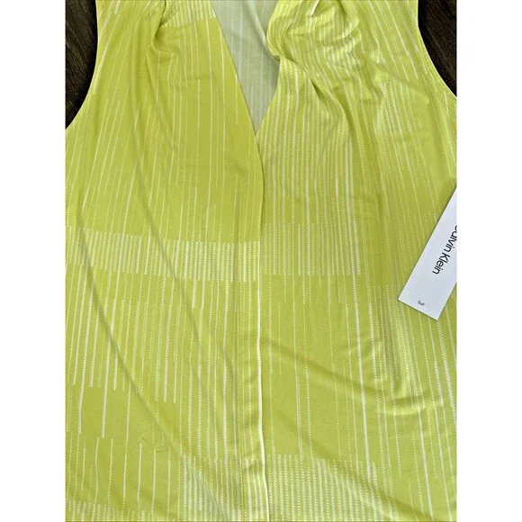 Calvin Klein Women's Pleated Geometric striped V-Neck Top Lime & White M - Picture 6 of 8